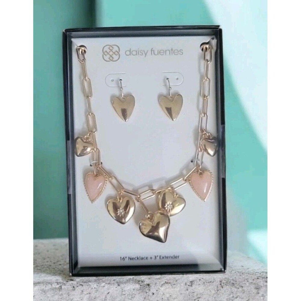 Daisy Fuentes Puffy Heart Necklace Earrings Set Gold Tone Faux Rose Quartz New